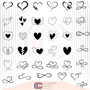 May include: A collection of black and white heart designs in various styles. Includes hearts with wings, paw prints, arrows, and infinity symbols. The image also features the text "Cat Craft Creations" and details about digital files.