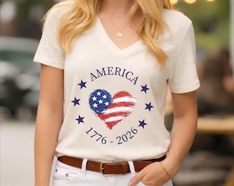 250th Anniversary of USA Vneck Shirt, Heart Flag America Independence Day Woman V-Neck Tee, Patriotic Gift