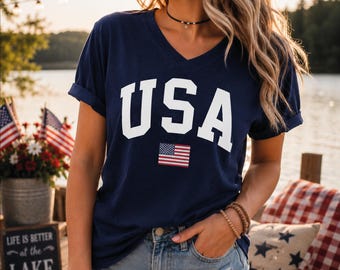 USA Flag VNeck Shirt: Retro Patriotic American V-Neck Tee, 250 Years Of America Gift