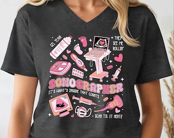 Sonographer V-Neck Shirt: Sonography V-Neck Tee, Ultrasound Tech V-Neck, Ultrasound Technologist Racerback, Radiology T-shirt