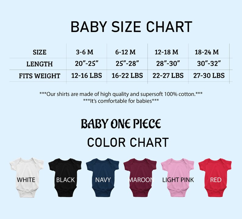a baby onesuit size chart with different colors