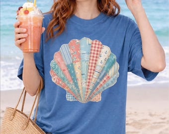 Comfort Colors Beach Summer Faux Patchwork Seashell Shirt, Summer Vibes Tee
