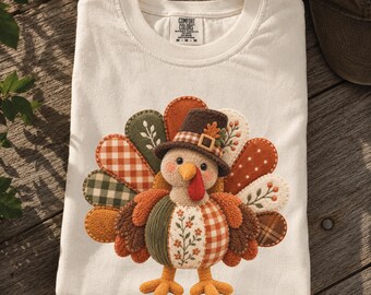 Faux Patchwork Turkey Shirt, Comfort Colors Thanksgiving Fall Tee, Wild Turkey Autumn Friendsgiving Gift