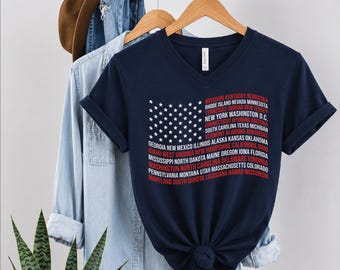 American Flag VNeck Shirt with States, Fourth of July United States V-Neck Tee, Patriotic Gift