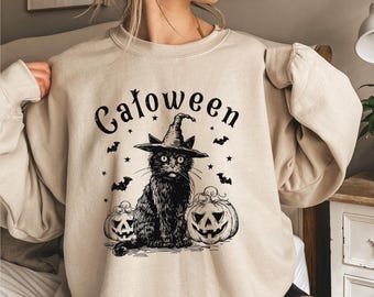 Catoween Sweatshirt, Halloween Spooky Season Hoodie, Cat Lover Black Cat Gift