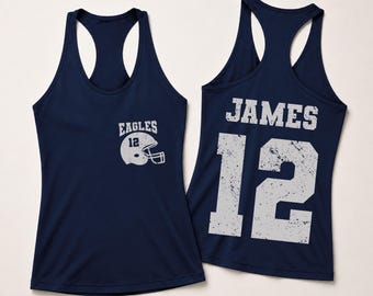 Custom Football Mascot Racerback Tank Top, Personalized Name & Number Game Day Helmet School Spirit Gift