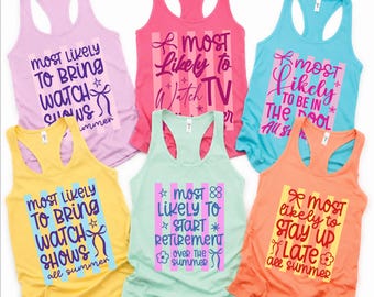 Most Likely To Teacher Summer Racerback, Funny Teacher Striped End of Year Tank Top, Teacher Team Matching Gift