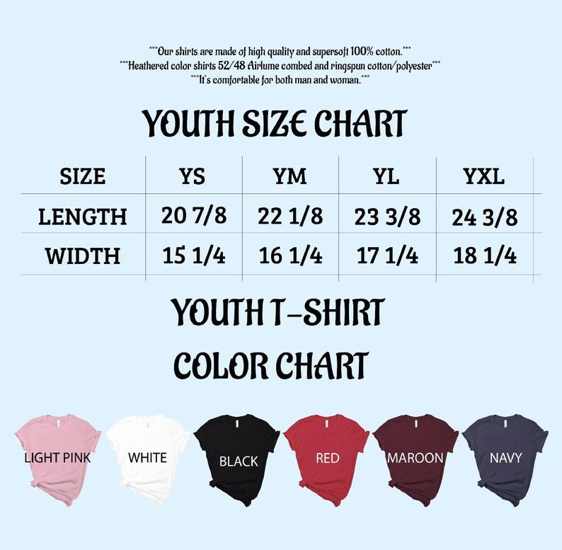 The image is a youth size chart with a collection of t-shirts in different colors, sizes, and styles.