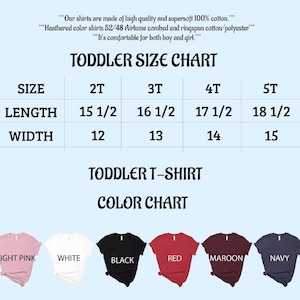 The image is a toddler size chart and color chart for children's clothing, including t-shirts in various colors and sizes.