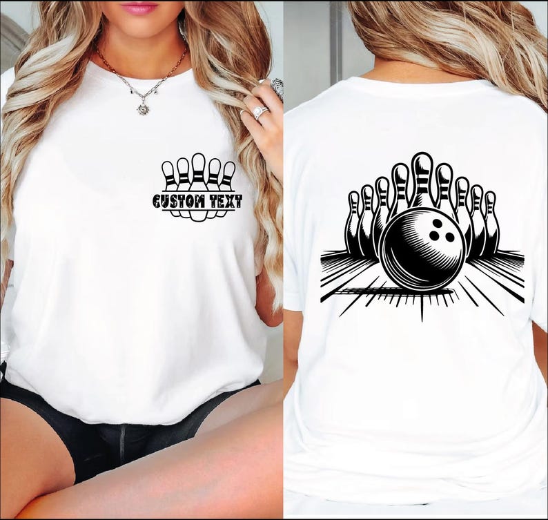 a woman wearing a white shirt with a bowling ball on it