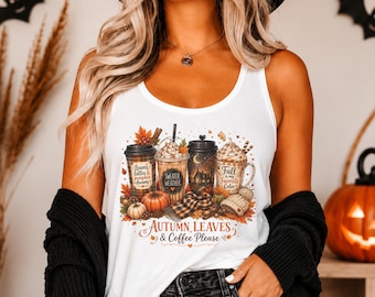 Autumn Leaves And Coffee Please Racerback Tank Top, Fall Gifts For Coffee Lovers, Halloween Tank Top
