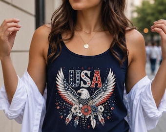 Floral America 250 Racerback, Patriotic Eagle Tank Top, USA 250th Birthday Gift, 4th of July Womens Top