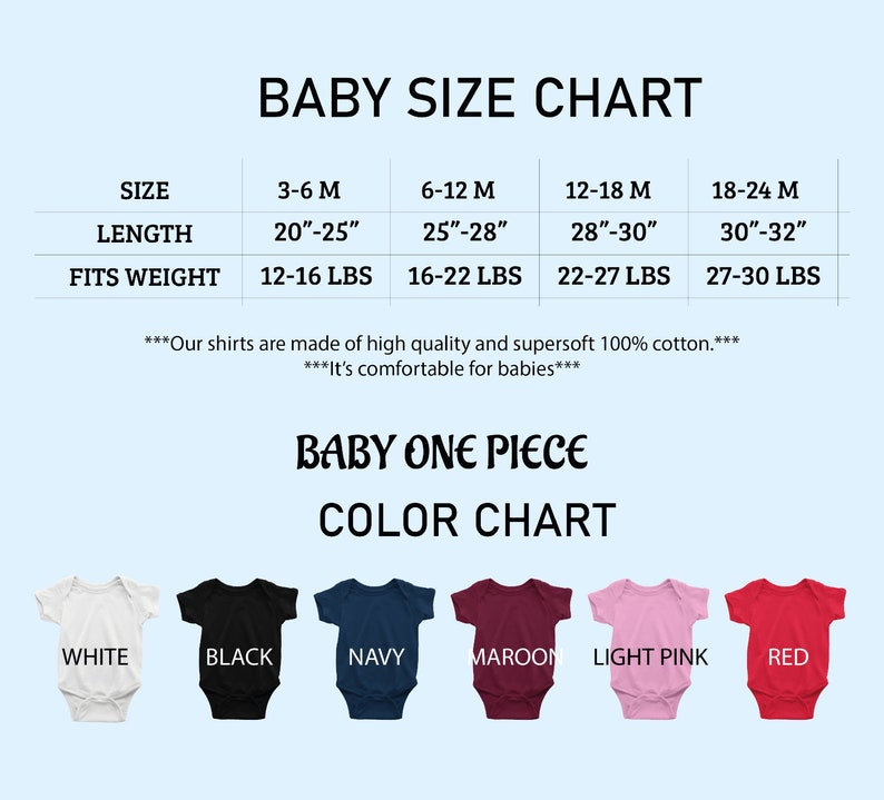 a baby onesuit size chart with different colors