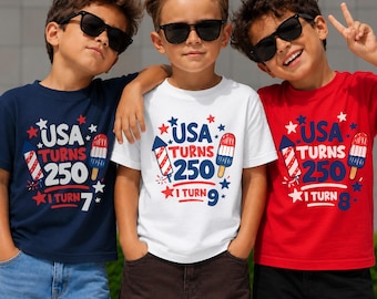 Custom America Turns 250, I Turn Kids Shirt, Matching Usa 250th Anniversary Youth Toddler 4th Of July Birthday Shirt