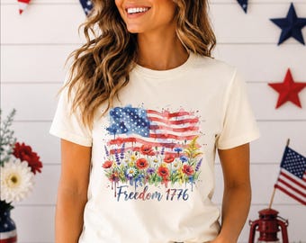 Floral American Flag Shirt, Patriotic Boho Independence Day Gift, 4th of July Tee
