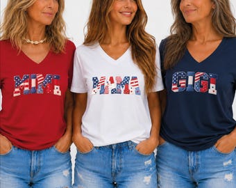 Faux Patchwork Patriotic Mama Gigi Mimi VNeck Shirt, 250th Anniversary of USA Tee, Independence Day 4th Of July