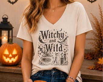 Witchy and Wild VNeck Shirt, Halloween Witch Spooky Season V-Neck Tee, Black Cat Moon Fall Gothic Witch Gift
