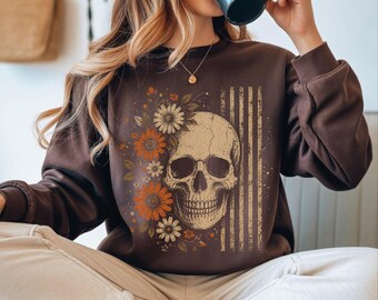 Boho Skull Sweatshirt, Retro Boho Summerween Hoodie, Cute Spooky Halloween Spooky Summer Gift