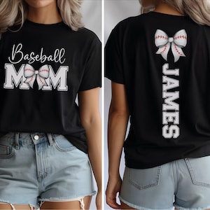 A woman wearing a black t-shirt with a baseball-themed design and the name "James" printed on the back.