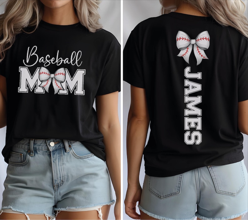A woman wearing a black t-shirt with a baseball-themed design and the name "James" printed on the back.