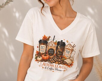Autumn Leaves And Coffee Please VNeck Shirt, Fall Gifts For Coffee Lovers, Halloween V-Neck Tee