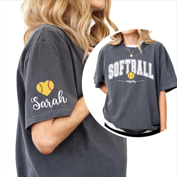 Comfort Colors Softball Mom Shirt, Custom Name on Sleeve  Sports Tee, Game Day Mama Gift