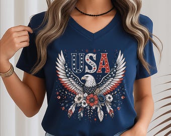 Floral America 250 VNeck Shirt, Patriotic Eagle V-Neck Tee, USA 250th Birthday Shirt, 4th of July Womens Top