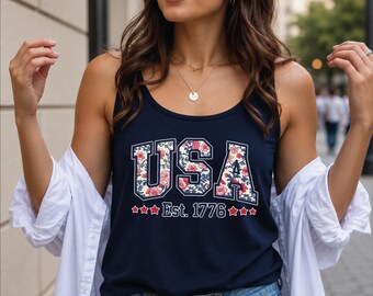 Comfort Colors Floral Usa Racerback Tank Top, America 250th Anniversary Patriotic Gift