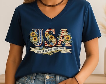 Floral 250th Anniversary of America Vneck Shirt, Independence Day Woman V-Neck Tee, Usa Patriotic Gift