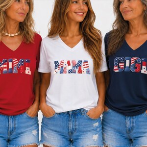 Faux Patchwork Patriotic Mama Gigi Mimi VNeck Shirt, 250th Anniversary of USA Tee, Independence Day 4th Of July