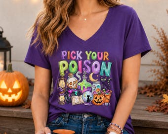 Pick Your Poison VNeck Shirt, Halloween Witch Poison V-Neck Tee, Apple Spooky Season Gift