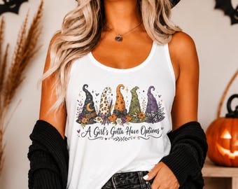 A Girl Gotta Have Options Racerback Tank Top, Retro Spooky Season Feeling Witchy Tank, Trendy Halloween Gift