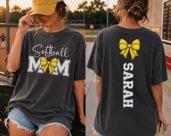 Comfort Colors Softball Mom Shirt, Custom Name Front and Back Softball Tee, Game Day Mama Gift