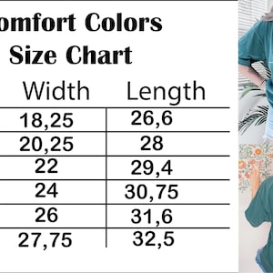 The image is a size chart for a t-shirt, providing measurements for different sizes: S, M, L, XL, and 3XL. The chart includes a table with the corresponding widths and lengths for each size, and a separate image showing a person wearing a green t-shirt.