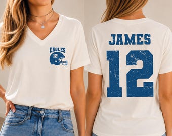 Custom Football Mascot VNeck Shirt, Personalized Name & Number Game Day Helmet School Spirit Gift