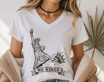 No Kings V-Neck Shirt, Statue of Liberty Democracy VNeck Tee, Protest Democrat Anti Fascism Gift