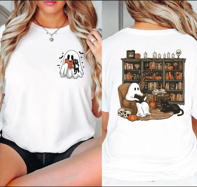 The image is a collage of two photos. The left photo shows a woman wearing a white t-shirt with a ghost and a cat on the front, and the right photo shows a woman wearing a white t-shirt with a ghost and a cat on the back.