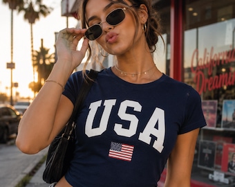 USA Flag Baby Tee, 250th Anniversary America Patriotic Gift, y2K Shirt
