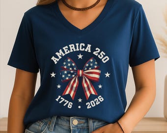 USA 250th Anniversary VNeck Shirt, Coquette Bow 4th July Family Matching V-Neck Tee, Independence Day America 250 Years Gift