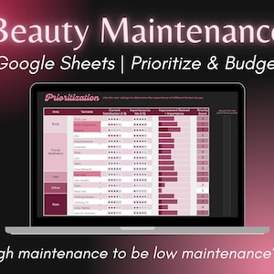May include: A laptop screen displaying a Google Sheet titled "Prioritization" with a pink background. The sheet is a beauty maintenance checklist with categories like body, facial aesthetics, hair, other, and style. Each category has a list of variables with ratings for current satisfaction and importance to the user. The sheet also includes a column for improvement desired and a priority score.