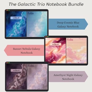 Op de afbeelding: De Galactic Trio Notebook Bundle toont drie notebooks met galaxy-thema's. Elk notebook heeft een "notebook" label en een "Notes" sectie. De notebooks zijn gelabeld met "Deep Cosmic Blue Galaxy Notebook", "Sunset Nebula Galaxy Notebook" en "Amethyst Night Galaxy Notebook".