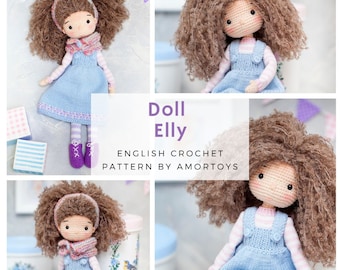 Słodka lalka Elly, Wzór na lalkę szydełkową, Wzór na amigurumi, Lalka szydełkowa, Wzór na zabawkę szydełkową, Wzory na zabawki, Zabawki amigurumi, Lalka amigurumi