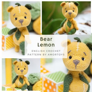 May include: A crocheted lemon-shaped bear toy with green leaves. The toy is sitting on a colorful wooden block. The text "Bear Lemon English Crochet Pattern by Amortoys" is displayed on a white background.