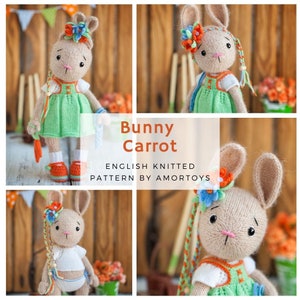 May include: A knitted bunny toy wearing a green dress and a flower crown. The bunny is holding a carrot in its hand. The image is titled "Bunny Carrot English Knitted Pattern by Amortoys".
