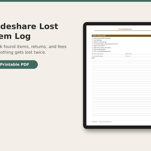 May include: A Rideshare Lost Item Log printable PDF document featuring a checklist for found items, return meeting details, and lined space for notes. The text reads Rideshare Lost Item Log, Track found items, returns, and fees so nothing gets lost twice.