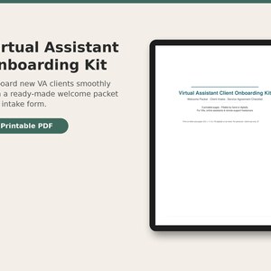 May include: A Virtual Assistant Onboarding Kit printable PDF document. The text reads Virtual Assistant Onboarding Kit, Onboard new VA clients smoothly with a ready-made welcome packet and intake form, and Virtual Assistant Client Onboarding Kit.