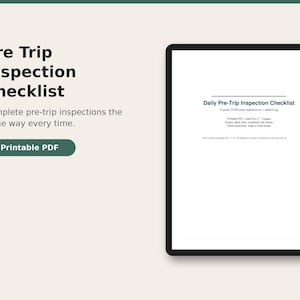 May include: A digital Pre Trip Inspection Checklist document displayed on a tablet screen. The text reads Daily Pre-Trip Inspection Checklist, Tracker DVIR-style walkaround + defect log, Printable PDF, Letter 8.5x11, 3 pages.
