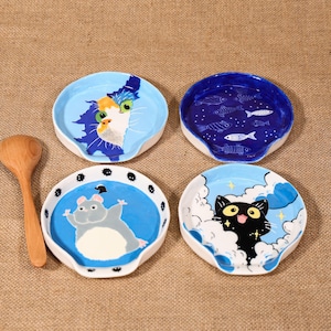 Custom Whimsical Blue Anime Cat Fish Spoon Rest Cute Ceramic Handmade Playful Cartoon Pottery Kitchen Adorable Animal Spoon Holder Kawaii