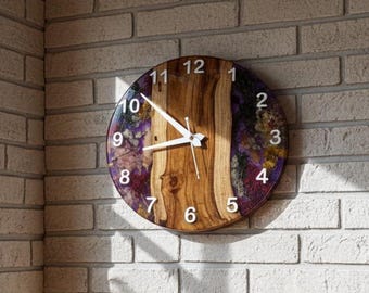 Floral Resin Wall Clock, Teak Wood Clock with Dried Flowers, Botanical Home Decor