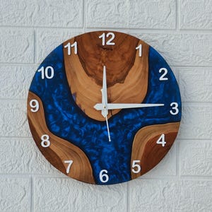 Teak Wood & Blue Resin Wall Clock: Art Deco Style, Custom Made